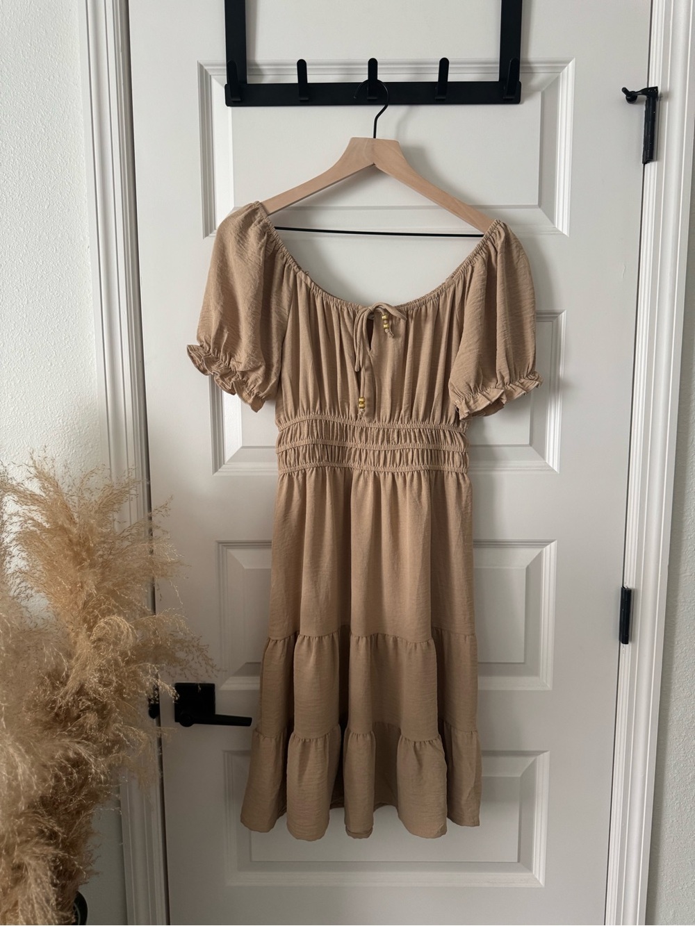 Smocked Waist Puff Sleeve Mini Dress in Beige